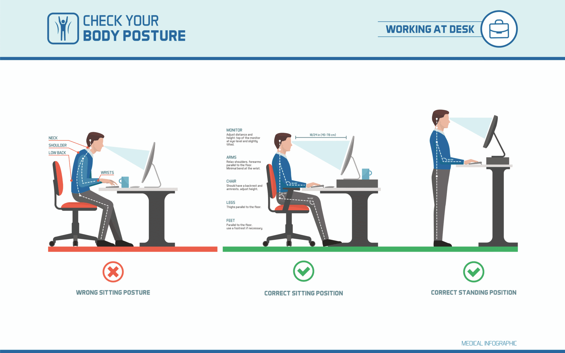Ergonomics in the workplace. Tips for good posture while working at desk